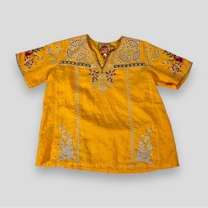 Johnny Was embroidered yellow cotton tunic top peasant blouse S